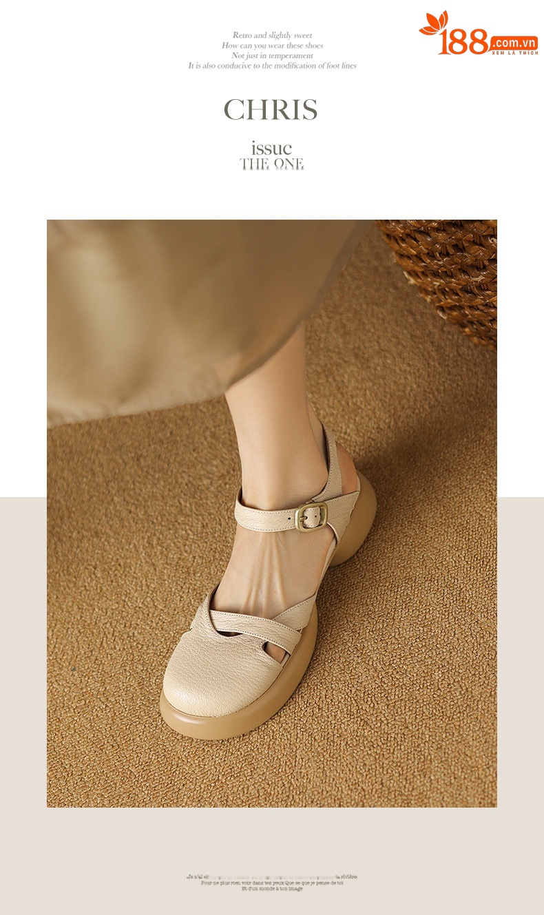 Sandal nữ quai ngang hở lưng mũi tròn đế dày da thấp — Màu trắng be chi tiết 6