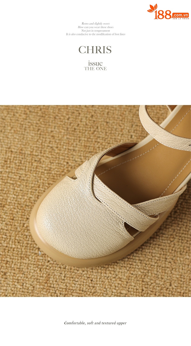 Sandal nữ quai ngang hở lưng mũi tròn đế dày da thấp — Màu trắng be chi tiết 11