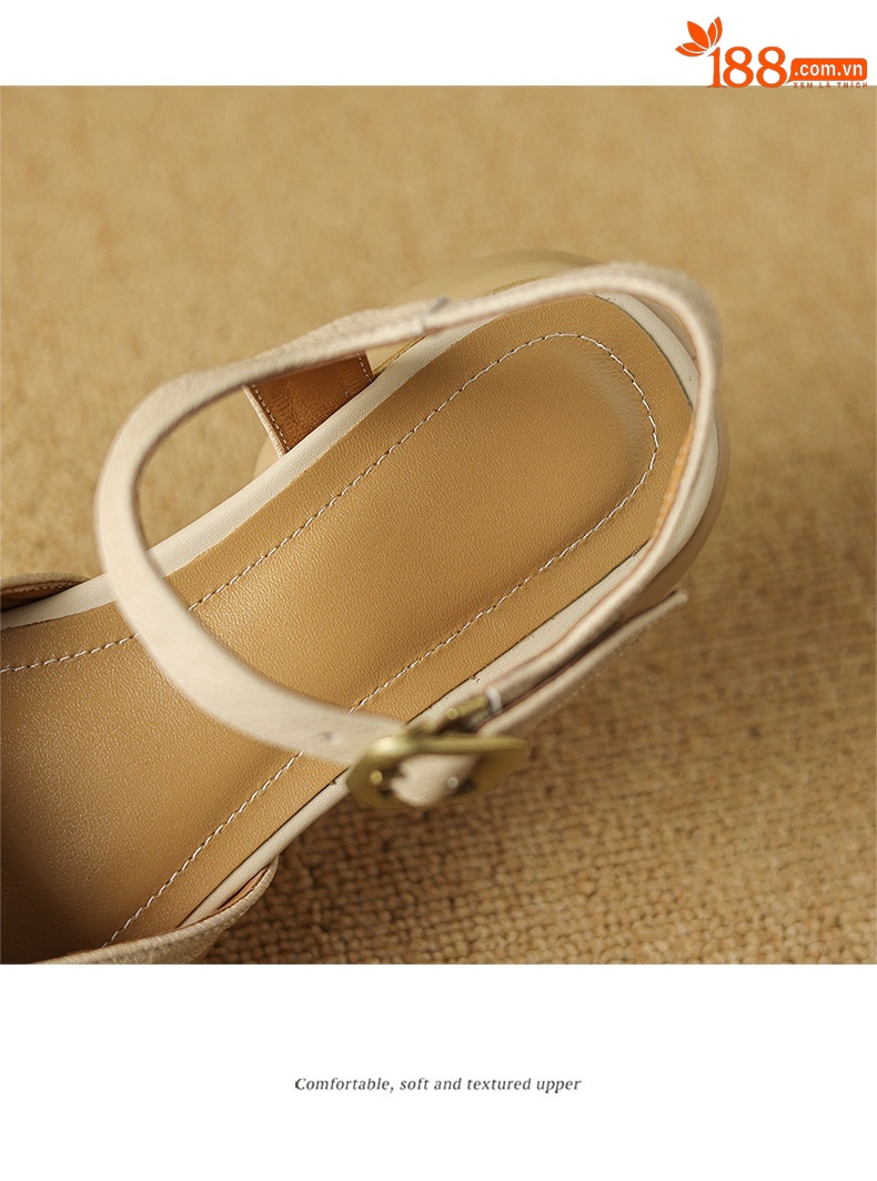 Sandal nữ quai ngang hở lưng mũi tròn đế dày da thấp — Màu trắng be chi tiết 12