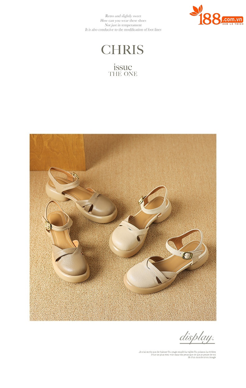 Sandal nữ quai ngang hở lưng mũi tròn đế dày da thấp — Màu trắng be chi tiết 15