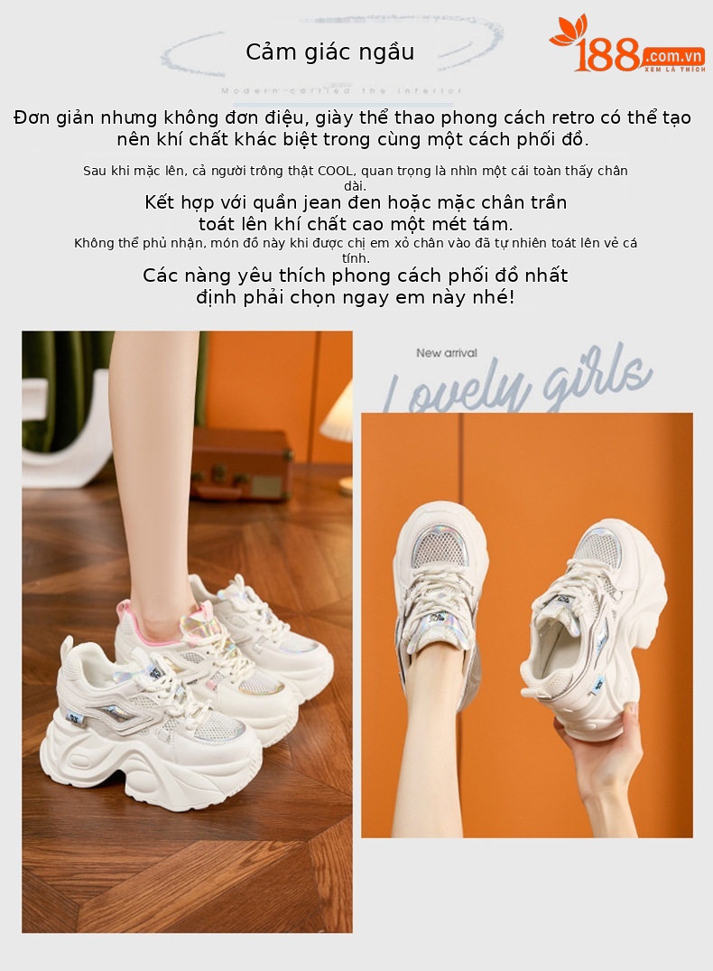 Giày thể thao nữ đế xuồng platform gót siêu cao 8cm — Trắng, Hồng, Vàng gạo, Cam chi tiết 3