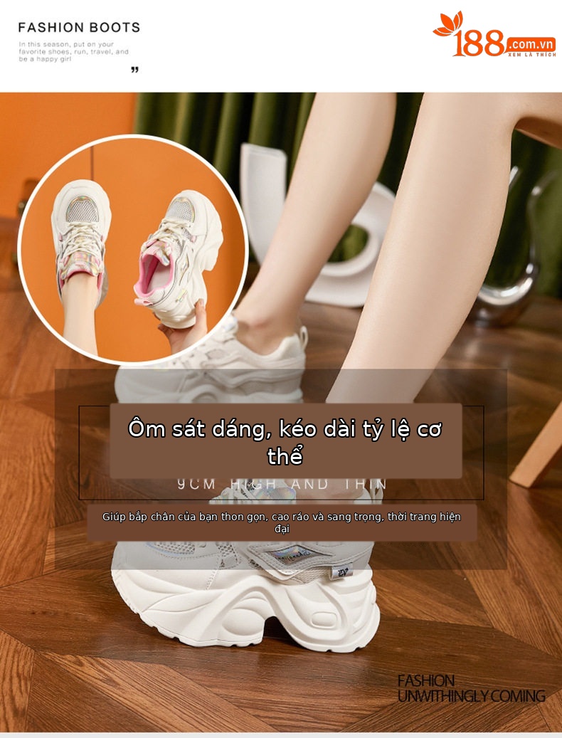 Giày thể thao nữ đế xuồng platform gót siêu cao 8cm — Trắng, Hồng, Vàng gạo, Cam chi tiết 8