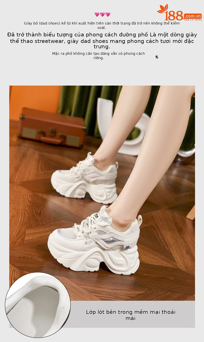 Giày thể thao nữ đế xuồng platform gót siêu cao 8cm — Trắng, Hồng, Vàng gạo, Cam chi tiết 4