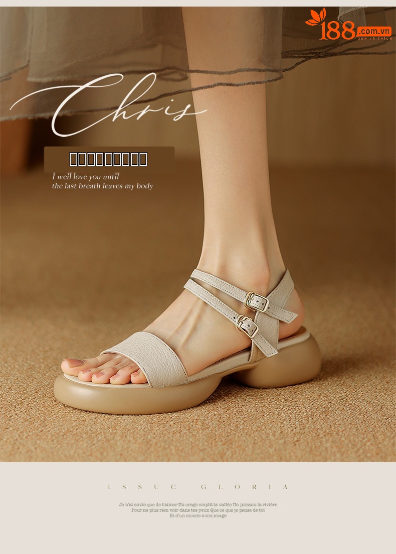 Sandal nữ hở mũi quai ngang gót vuông đế dày da cừu — Màu trắng be chi tiết 1