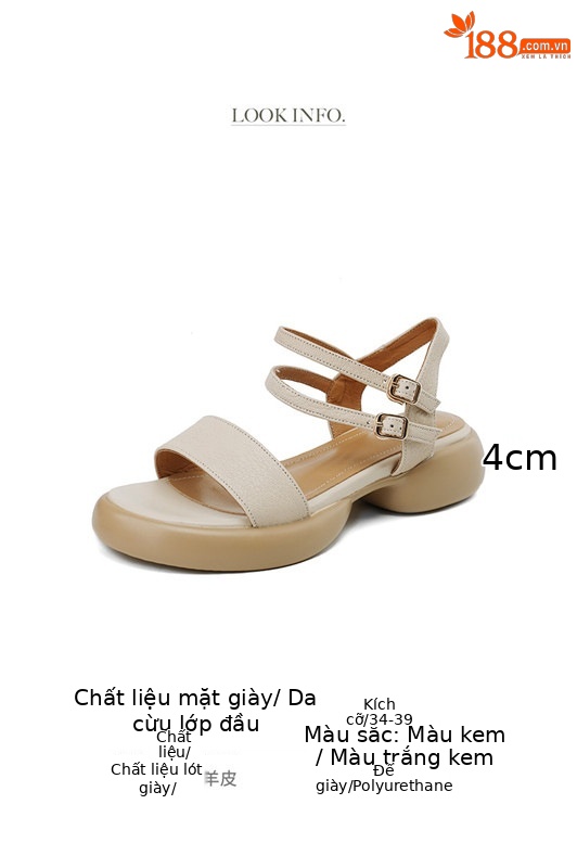 Sandal nữ hở mũi quai ngang gót vuông đế dày da cừu — Màu trắng be chi tiết 4