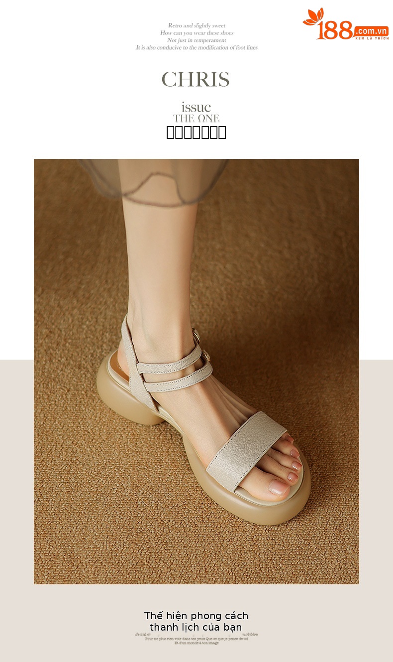 Sandal nữ hở mũi quai ngang gót vuông đế dày da cừu — Màu trắng be chi tiết 7