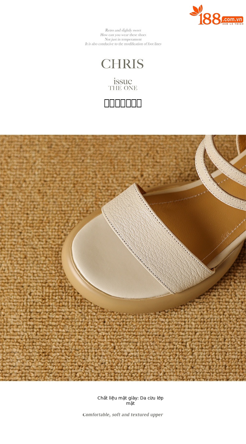 Sandal nữ hở mũi quai ngang gót vuông đế dày da cừu — Màu trắng be chi tiết 14