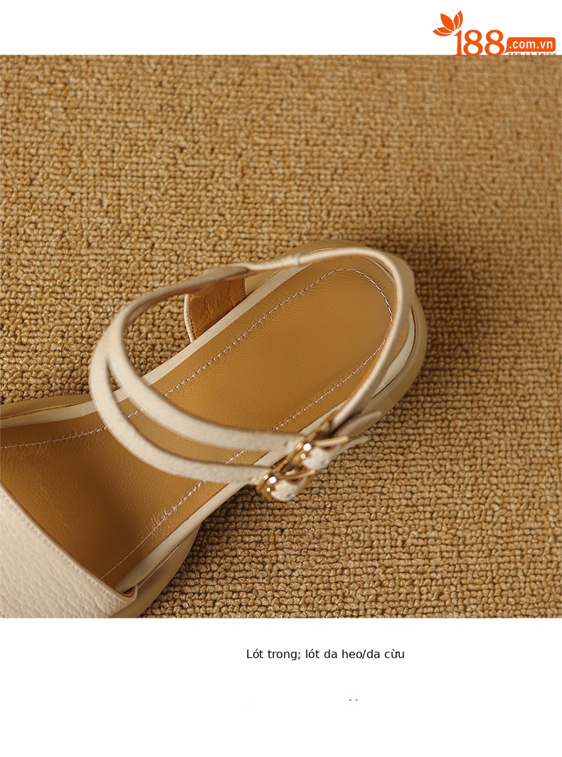 Sandal nữ hở mũi quai ngang gót vuông đế dày da cừu — Màu trắng be chi tiết 15