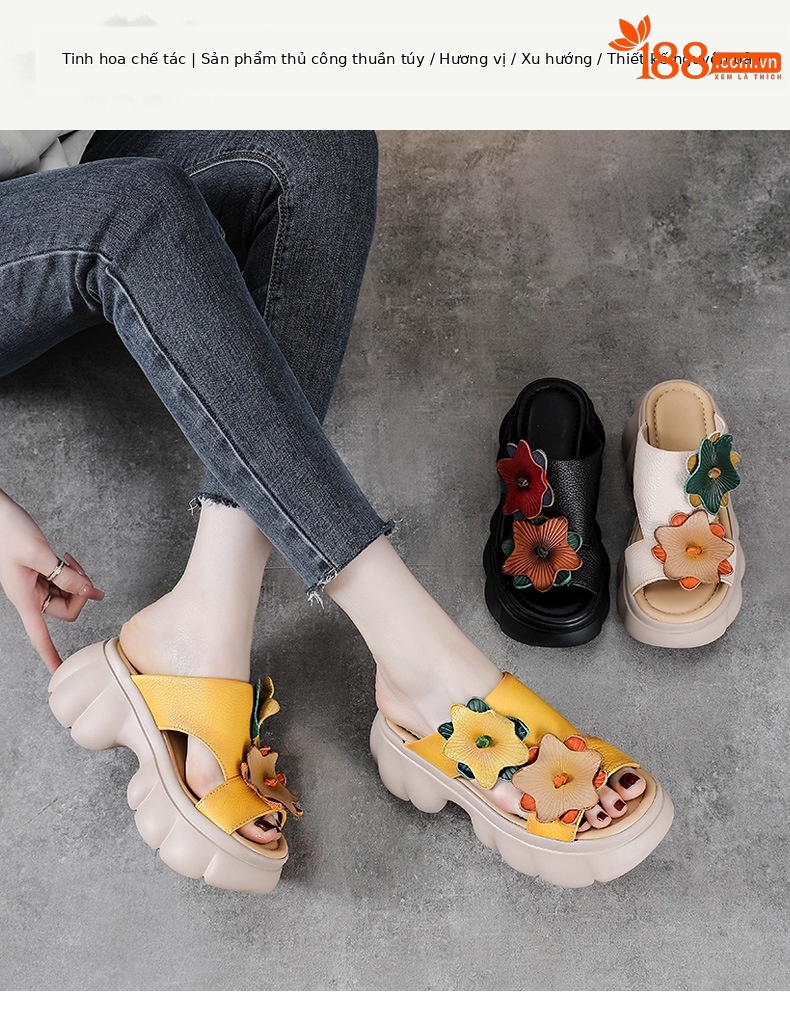 Dép lê nữ đế dày da bò thật phong cách dân tộc cổ điển miệng cá nêm — Màu be chi tiết 1