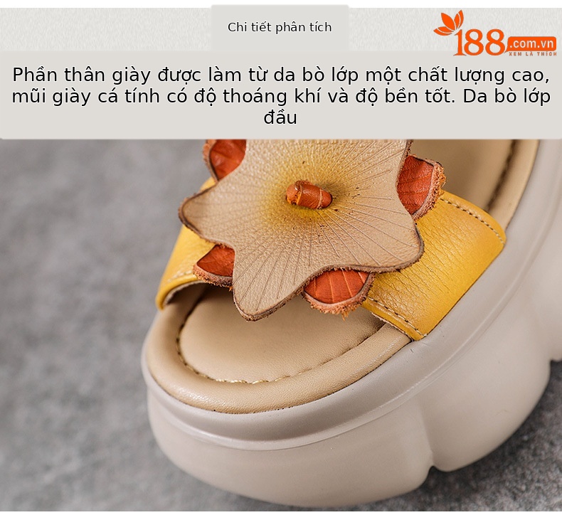 Dép lê nữ đế dày da bò thật phong cách dân tộc cổ điển miệng cá nêm — Màu be chi tiết 4