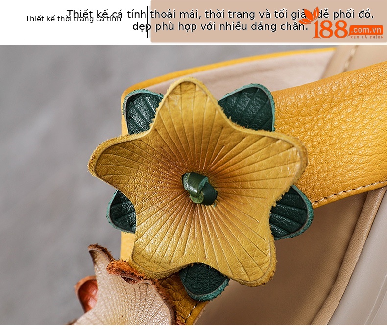 Dép lê nữ đế dày da bò thật phong cách dân tộc cổ điển miệng cá nêm — Màu be chi tiết 5