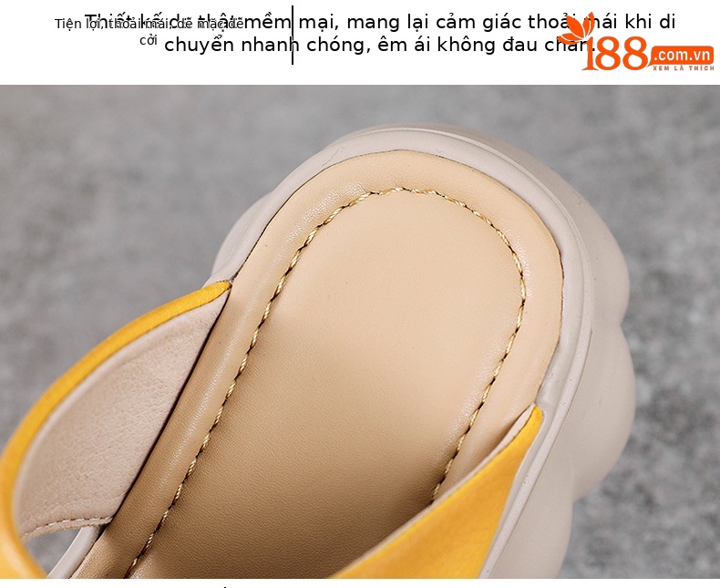Dép lê nữ đế dày da bò thật phong cách dân tộc cổ điển miệng cá nêm — Màu be chi tiết 6