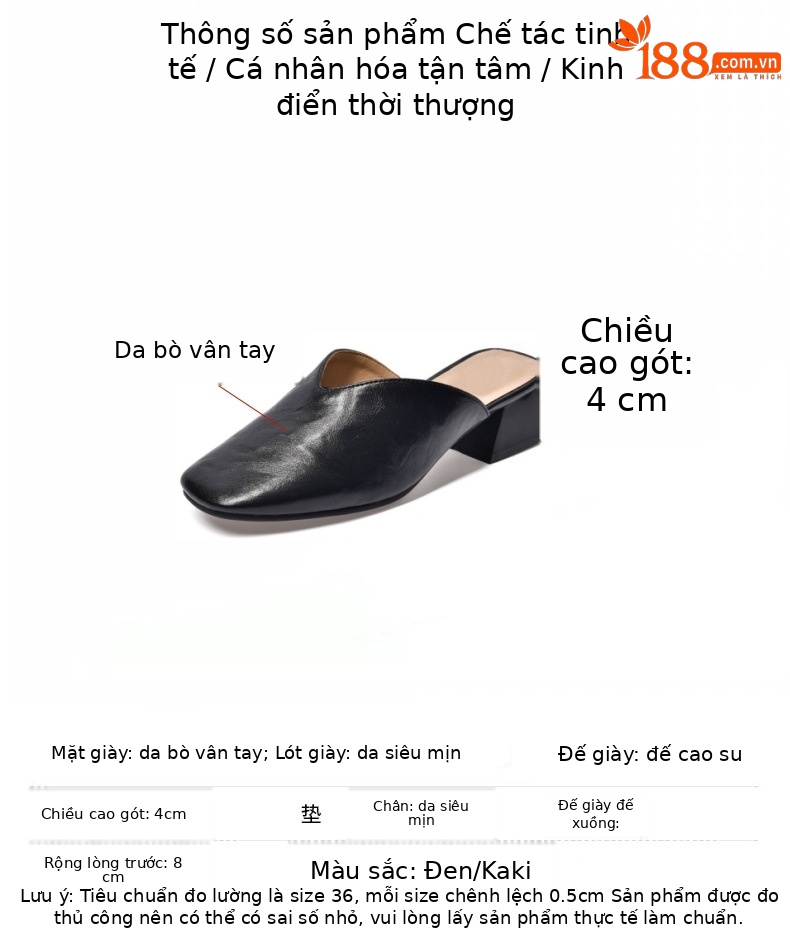 Dép sục bít mũi da bò nữ gót vuông cổ điển — Màu đen chi tiết 2