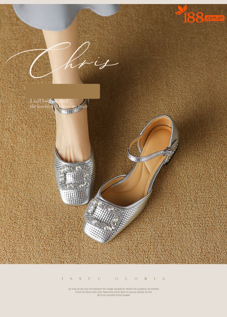 Sandal nữ bít mũi đế bệt da bò khóa vuông đính đá rhinestone — Màu vàng chi tiết 1