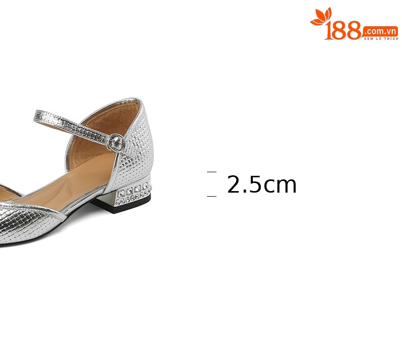 Sandal nữ bít mũi đế bệt da bò khóa vuông đính đá rhinestone — Màu vàng chi tiết 3