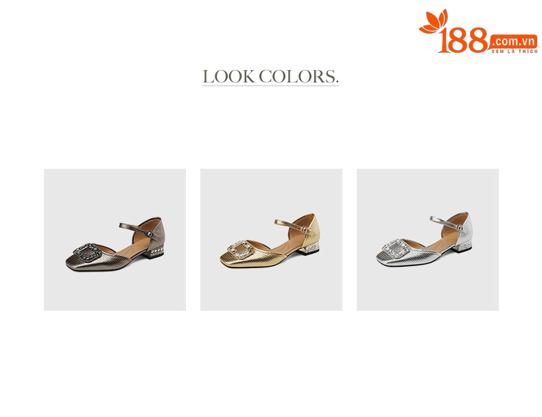 Sandal nữ bít mũi đế bệt da bò khóa vuông đính đá rhinestone — Màu vàng chi tiết 4