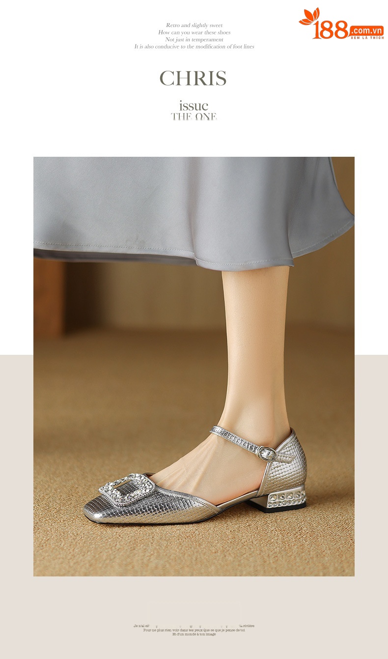 Sandal nữ bít mũi đế bệt da bò khóa vuông đính đá rhinestone — Màu vàng chi tiết 6