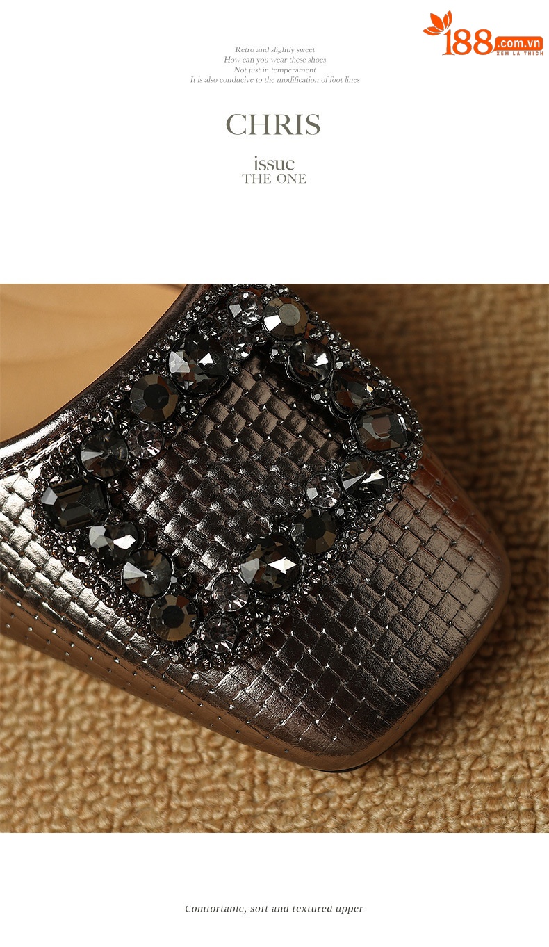 Sandal nữ bít mũi đế bệt da bò khóa vuông đính đá rhinestone — Màu vàng chi tiết 13