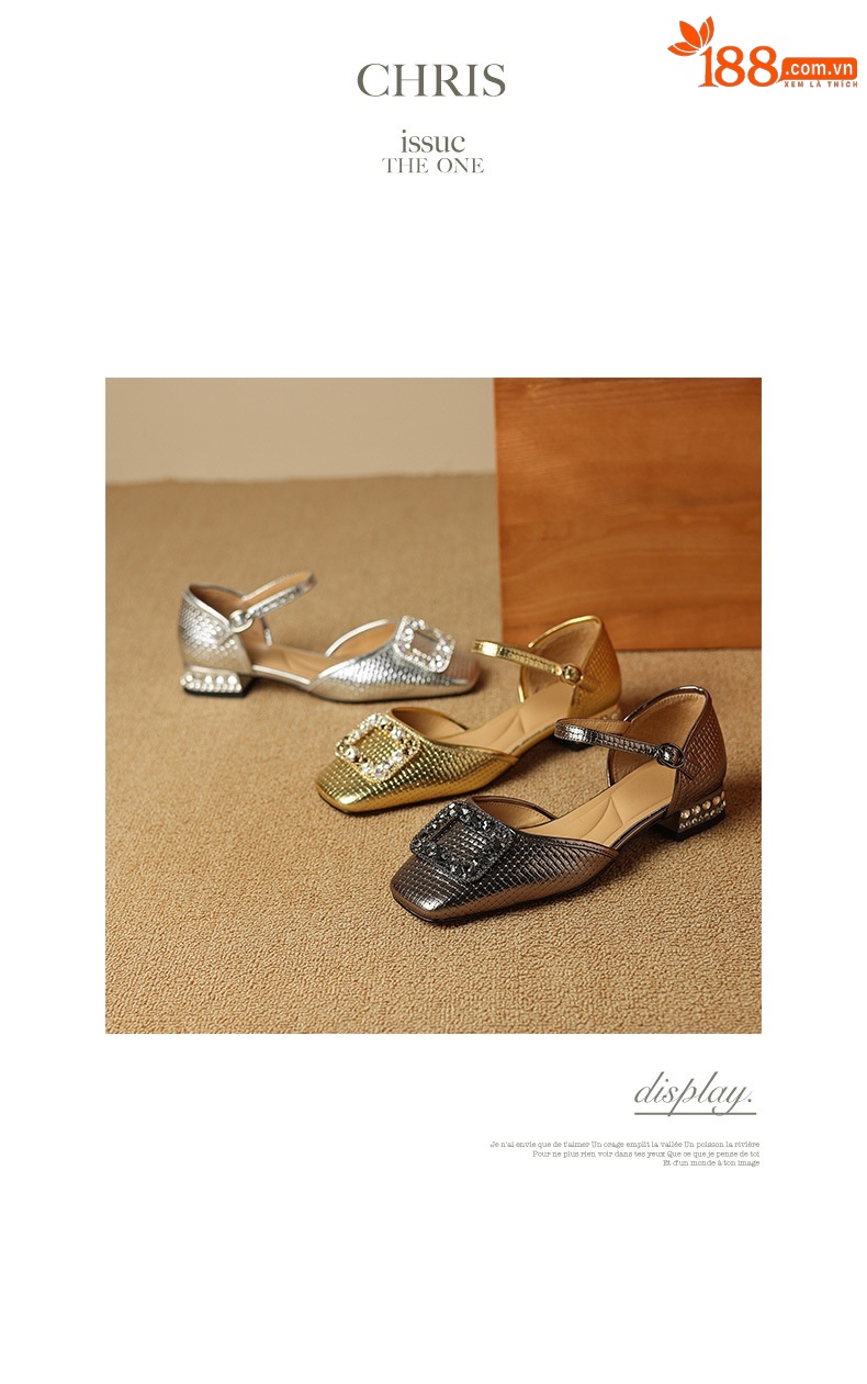 Sandal nữ bít mũi đế bệt da bò khóa vuông đính đá rhinestone — Màu vàng chi tiết 14