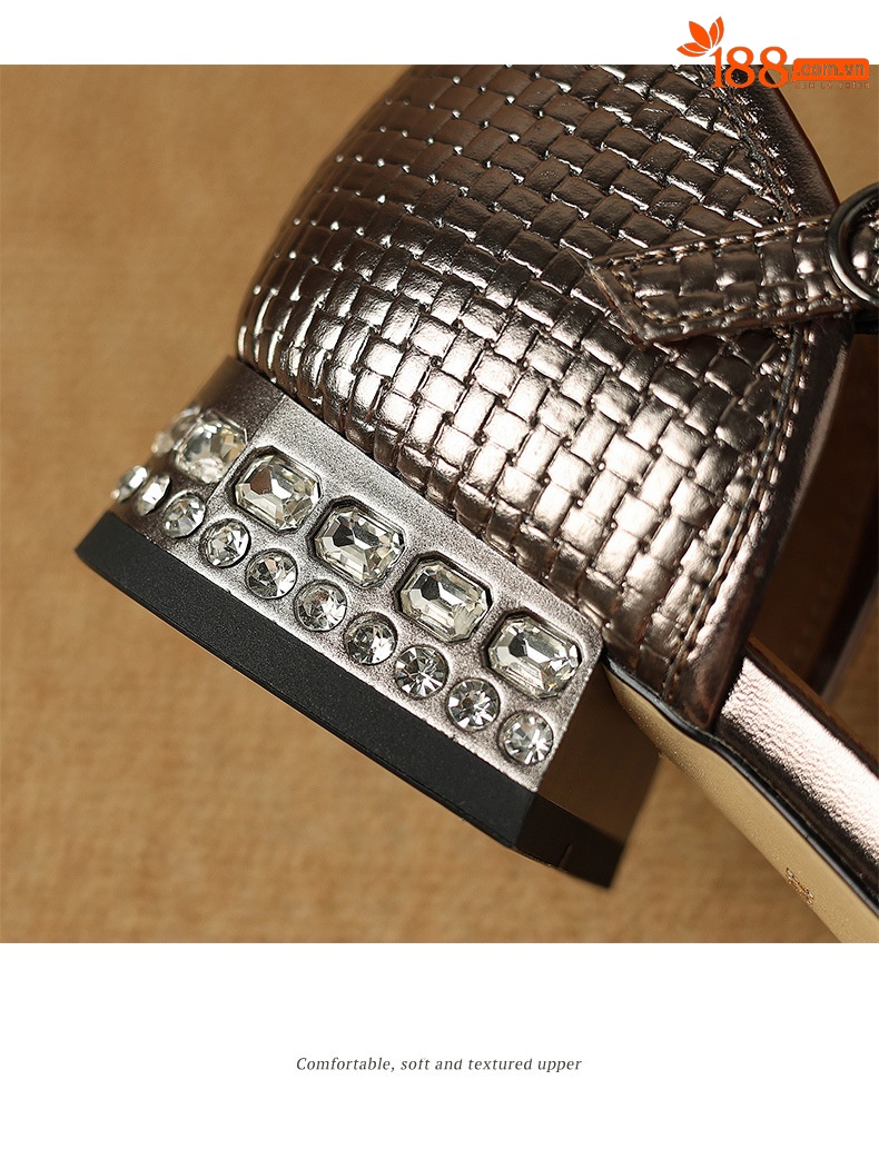 Sandal nữ bít mũi đế bệt da bò khóa vuông đính đá rhinestone — Màu vàng chi tiết 16