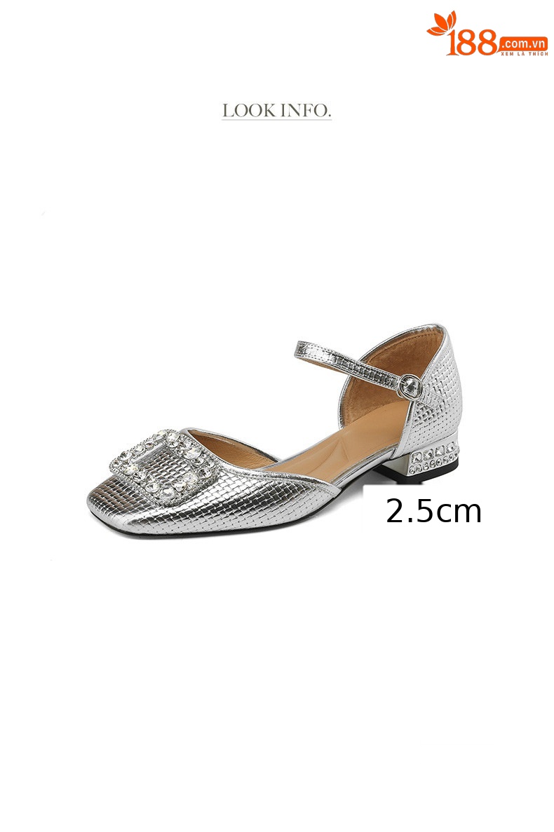 Sandal nữ bít mũi đế bệt da bò khóa vuông đính đá rhinestone — Màu vàng chi tiết 2