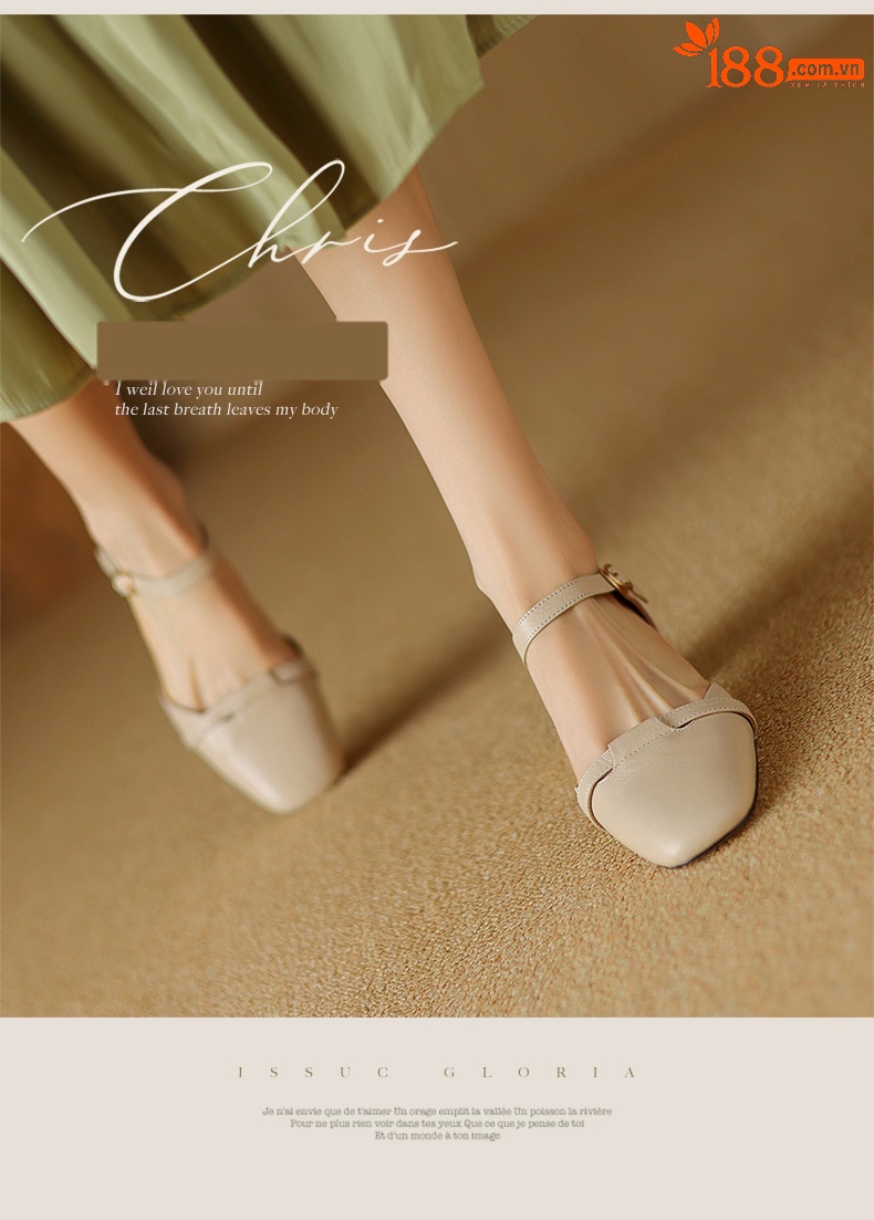 Sandal nữ bít mũi da bò thật quai chữ V đế thấp — Màu caramel chi tiết 1