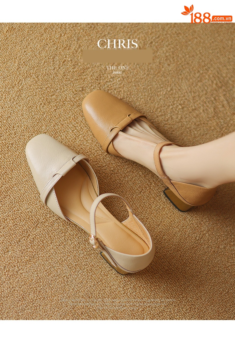 Sandal nữ bít mũi da bò thật quai chữ V đế thấp — Màu caramel chi tiết 2