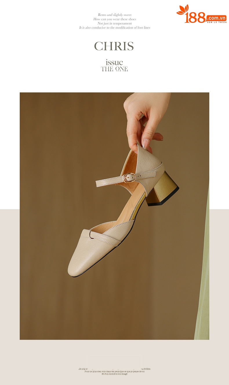 Sandal nữ bít mũi da bò thật quai chữ V đế thấp — Màu caramel chi tiết 7