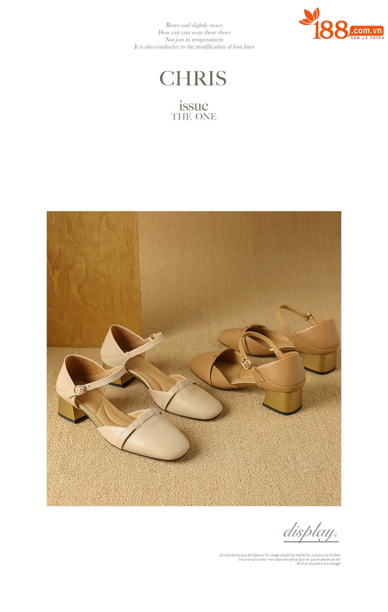 Sandal nữ bít mũi da bò thật quai chữ V đế thấp — Màu caramel chi tiết 13