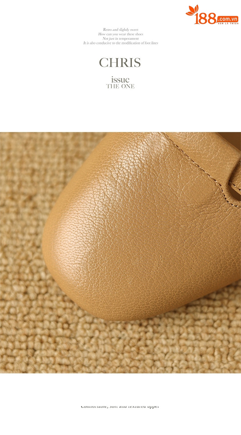 Sandal nữ bít mũi da bò thật quai chữ V đế thấp — Màu caramel chi tiết 16