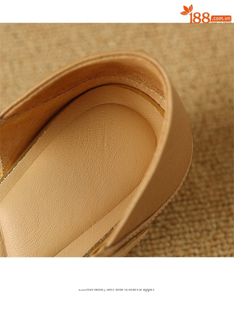 Sandal nữ bít mũi da bò thật quai chữ V đế thấp — Màu caramel chi tiết 17