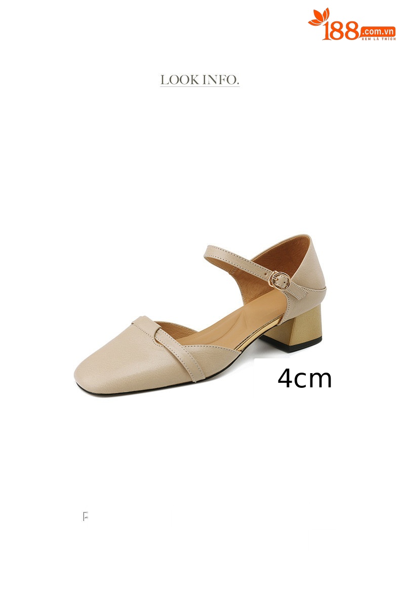 Sandal nữ bít mũi da bò thật quai chữ V đế thấp — Màu caramel chi tiết 4