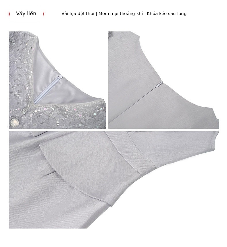 Đầm ren hè nữ cổ V ôm body tay ngắn — [Xám băng], [Hồng đào] chi tiết 4