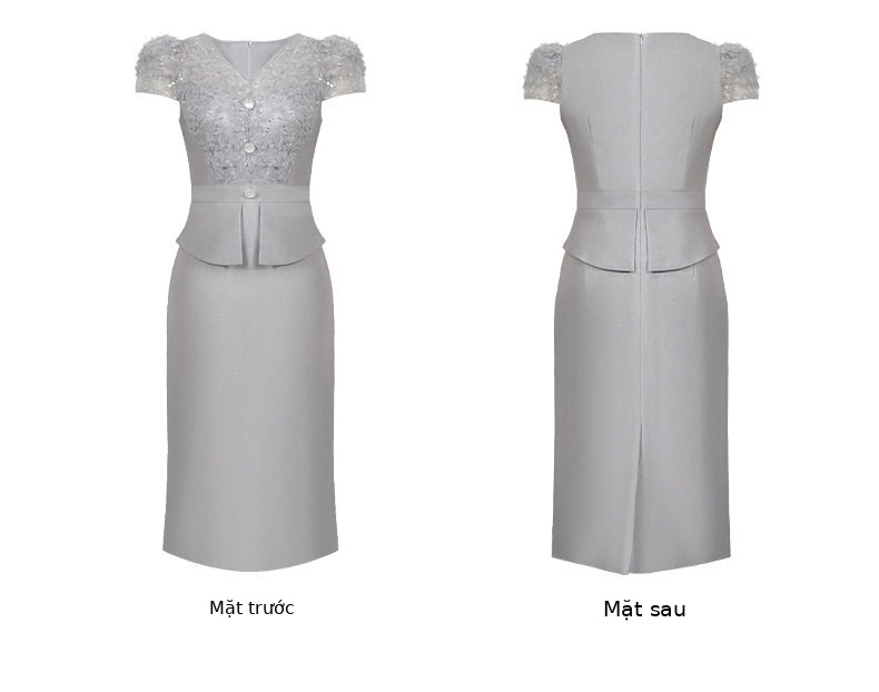 Đầm ren hè nữ cổ V ôm body tay ngắn — [Xám băng], [Hồng đào] chi tiết 5