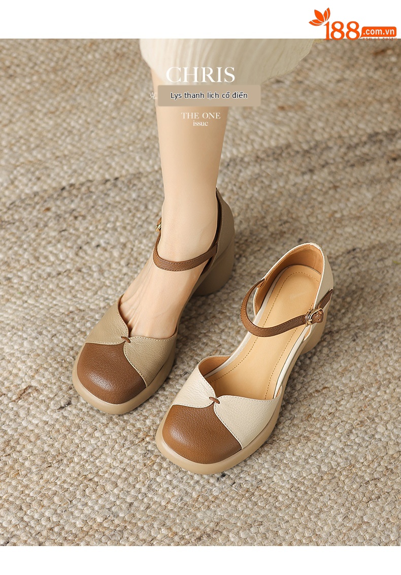 Sandal cao gót nữ bít mũi da cừu phối màu đế dày gót vuông quai ngang — Màu trắng be chi tiết 3