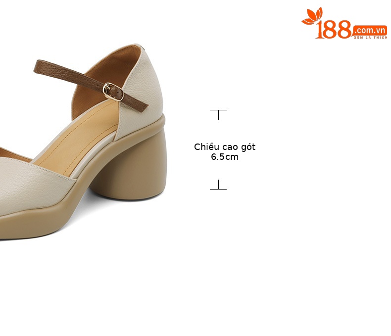 Sandal cao gót nữ bít mũi da cừu phối màu đế dày gót vuông quai ngang — Màu trắng be chi tiết 5