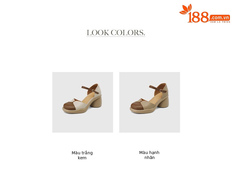 Sandal cao gót nữ bít mũi da cừu phối màu đế dày gót vuông quai ngang — Màu trắng be chi tiết 6