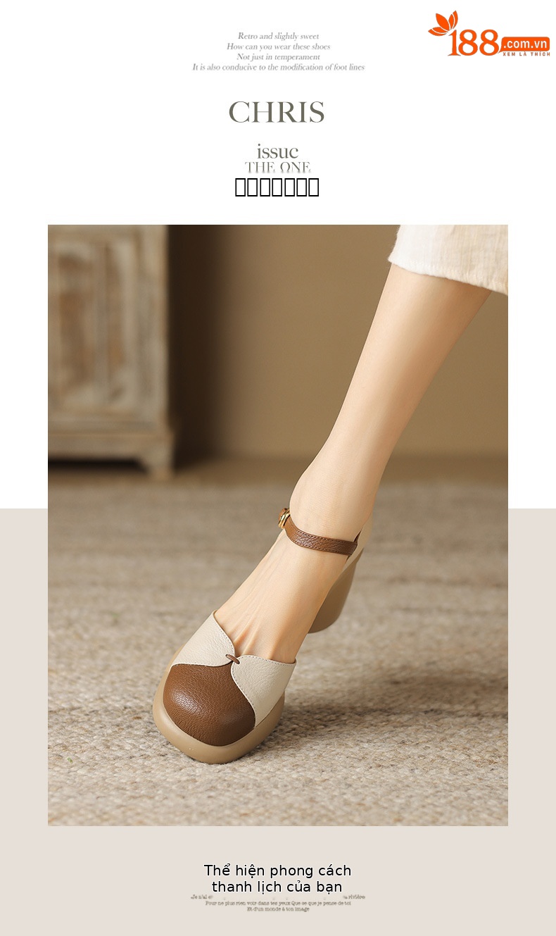 Sandal cao gót nữ bít mũi da cừu phối màu đế dày gót vuông quai ngang — Màu trắng be chi tiết 7
