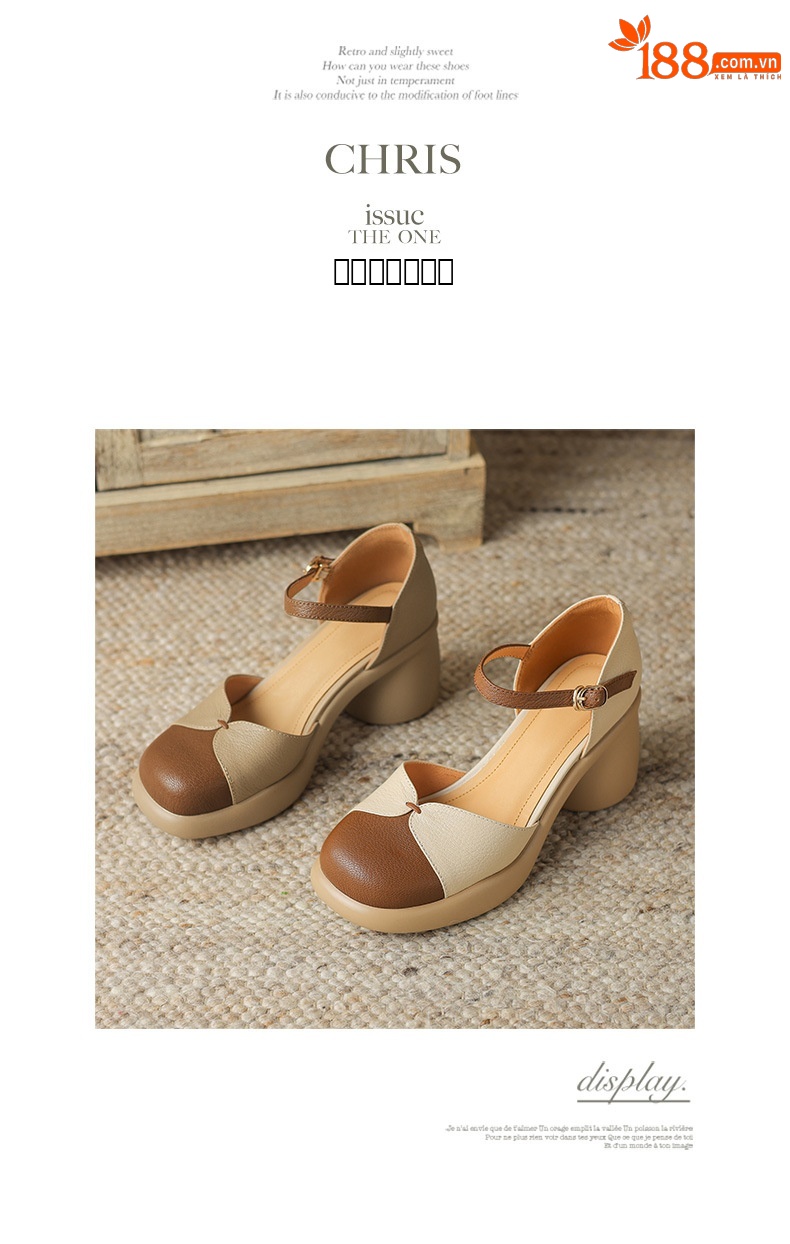 Sandal cao gót nữ bít mũi da cừu phối màu đế dày gót vuông quai ngang — Màu trắng be chi tiết 11
