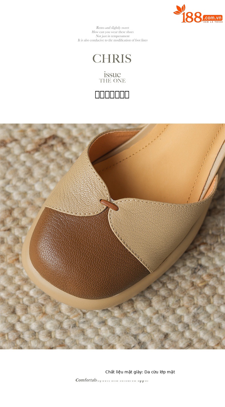 Sandal cao gót nữ bít mũi da cừu phối màu đế dày gót vuông quai ngang — Màu trắng be chi tiết 14