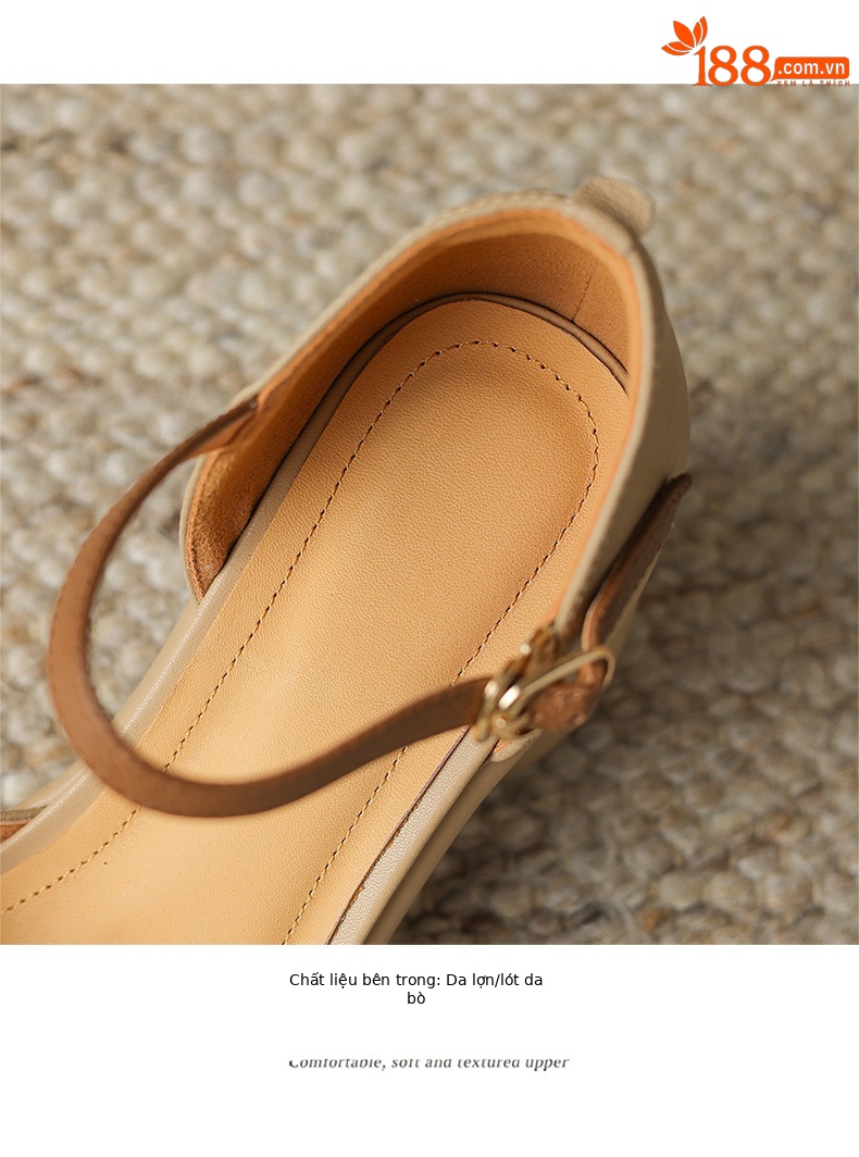 Sandal cao gót nữ bít mũi da cừu phối màu đế dày gót vuông quai ngang — Màu trắng be chi tiết 15