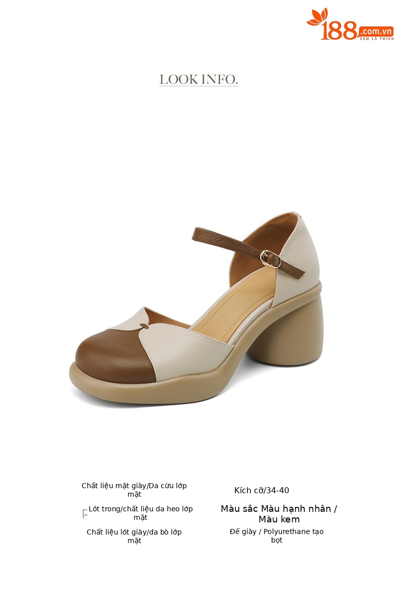 Sandal cao gót nữ bít mũi da cừu phối màu đế dày gót vuông quai ngang — Màu trắng be chi tiết 4