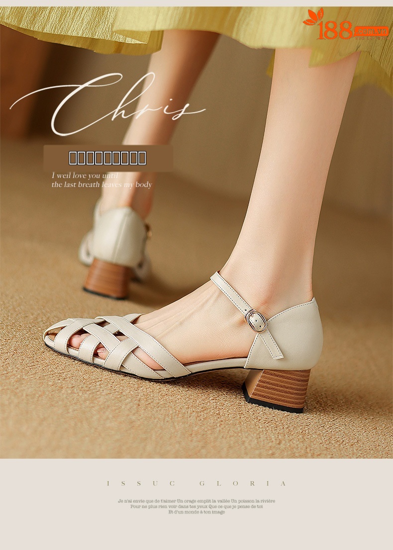 Sandal nữ bít mũi quai ngang da bò thật gót vuông ổn định phong cách La Mã — Màu nâu chi tiết 1