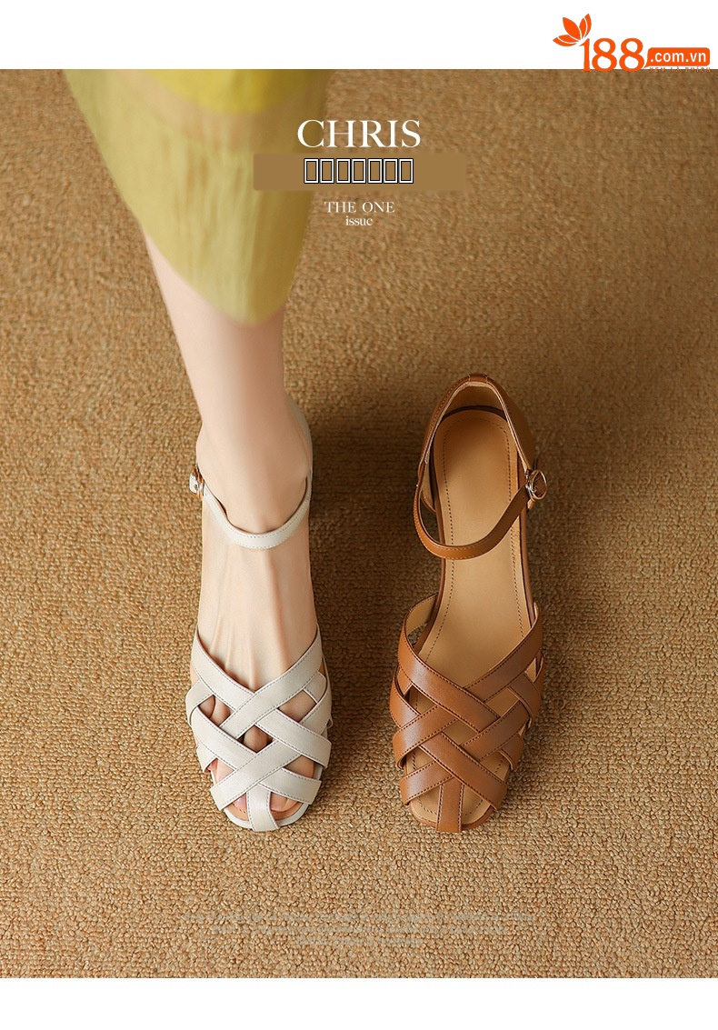 Sandal nữ bít mũi quai ngang da bò thật gót vuông ổn định phong cách La Mã — Màu nâu chi tiết 2