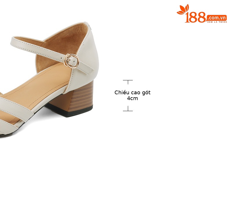 Sandal nữ bít mũi quai ngang da bò thật gót vuông ổn định phong cách La Mã — Màu nâu chi tiết 5