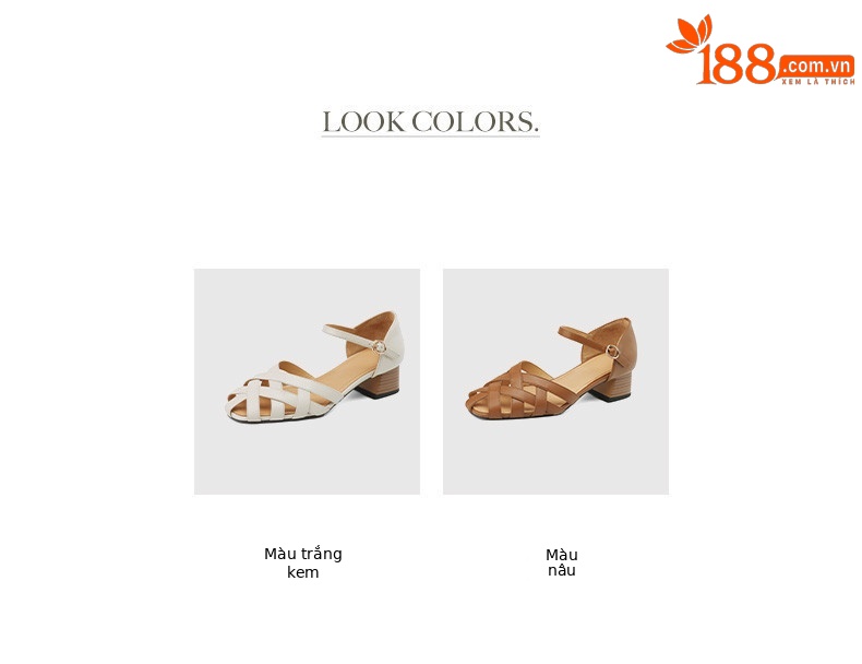 Sandal nữ bít mũi quai ngang da bò thật gót vuông ổn định phong cách La Mã — Màu nâu chi tiết 6