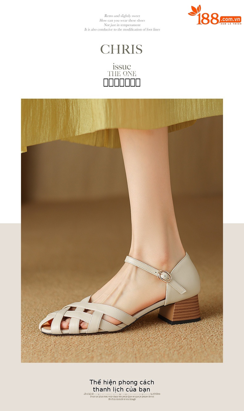 Sandal nữ bít mũi quai ngang da bò thật gót vuông ổn định phong cách La Mã — Màu nâu chi tiết 8
