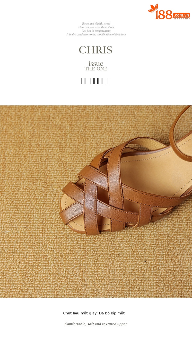 Sandal nữ bít mũi quai ngang da bò thật gót vuông ổn định phong cách La Mã — Màu nâu chi tiết 11