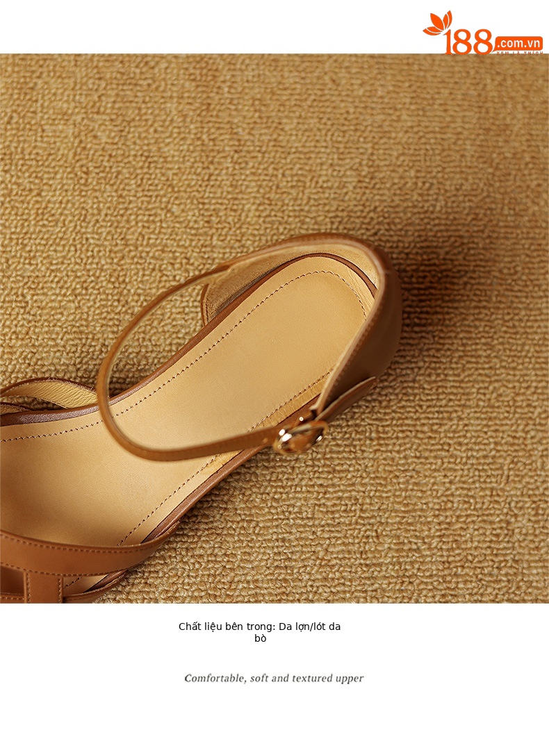 Sandal nữ bít mũi quai ngang da bò thật gót vuông ổn định phong cách La Mã — Màu nâu chi tiết 12