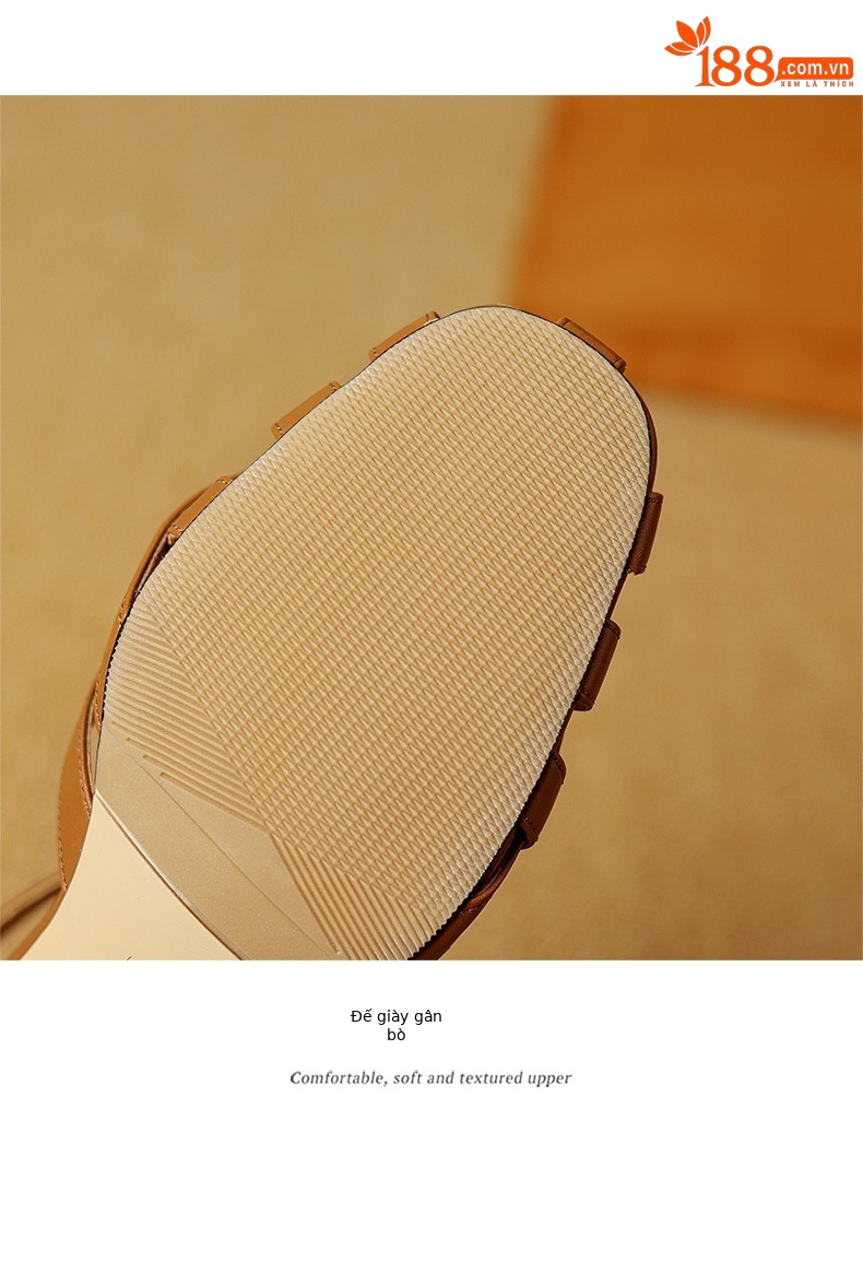 Sandal nữ bít mũi quai ngang da bò thật gót vuông ổn định phong cách La Mã — Màu nâu chi tiết 14